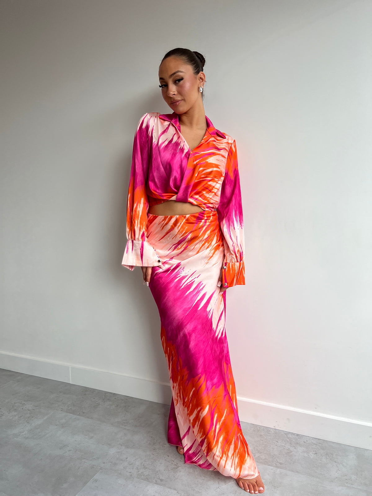 Satin Pink & Orange Printed Maxi Skirt Co-ord Set