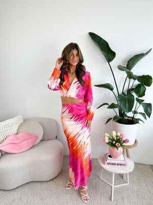 Satin Pink & Orange Printed Maxi Skirt Co-ord Set