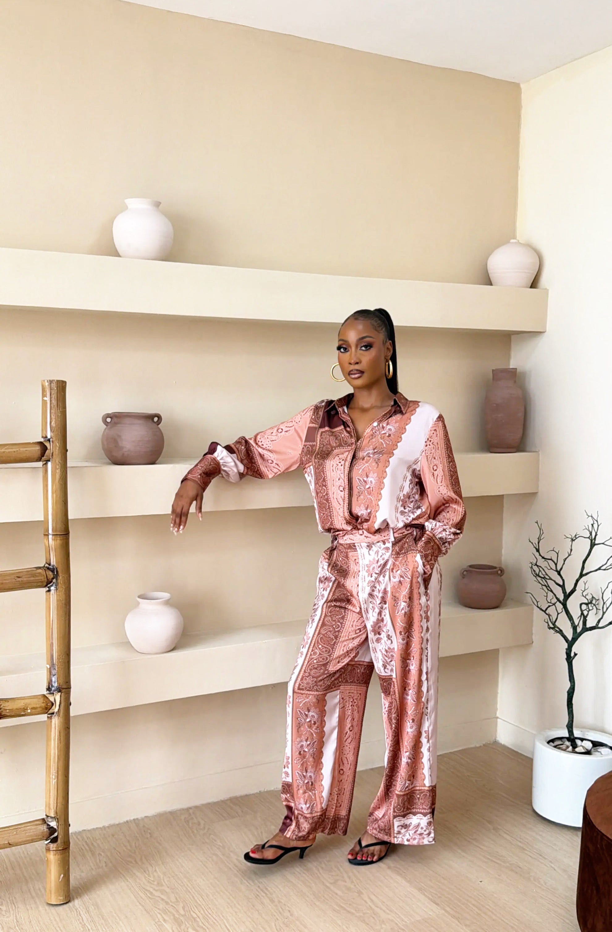 Women's Luxury Brown Paisley Print Shirt and Trouser Co-ord Set