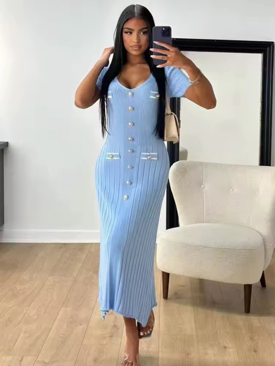 Ribbed Midi Gold Button Knit Dress