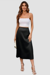 Black Satin High Rise Midi Skirt