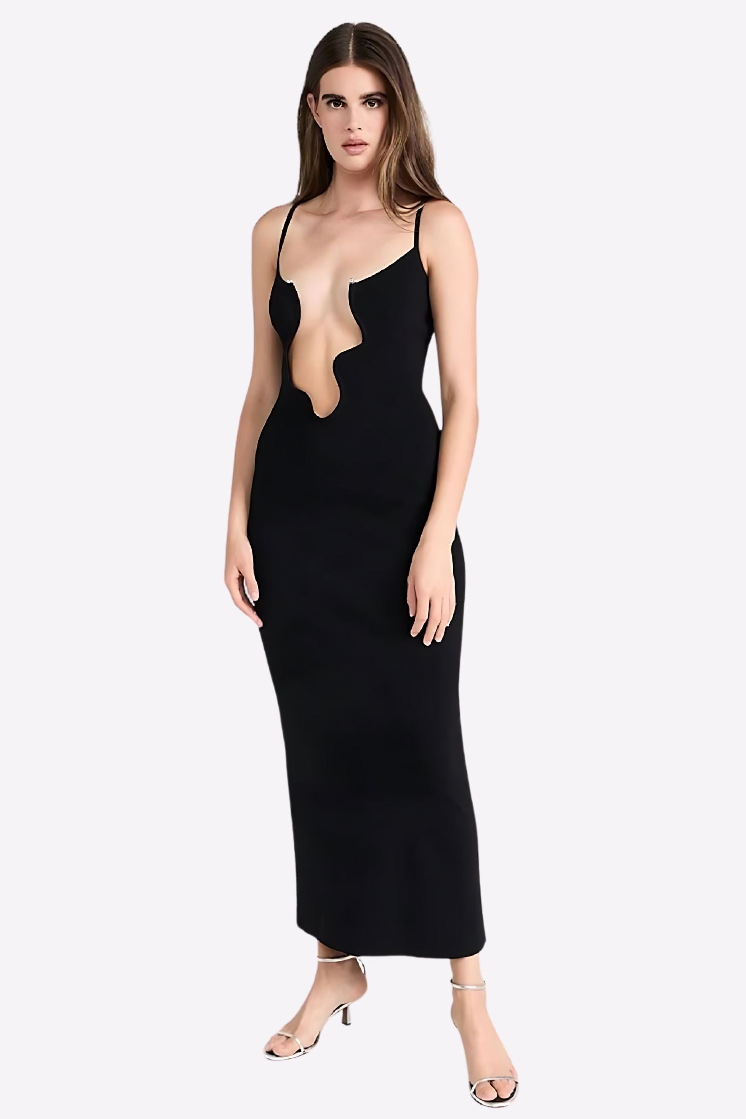 Black Strappy Deep Plunge V Neckline Bodycon Maxi Dress