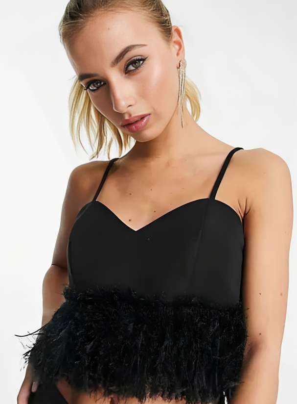 Black Faux Feather Hem Crop Top