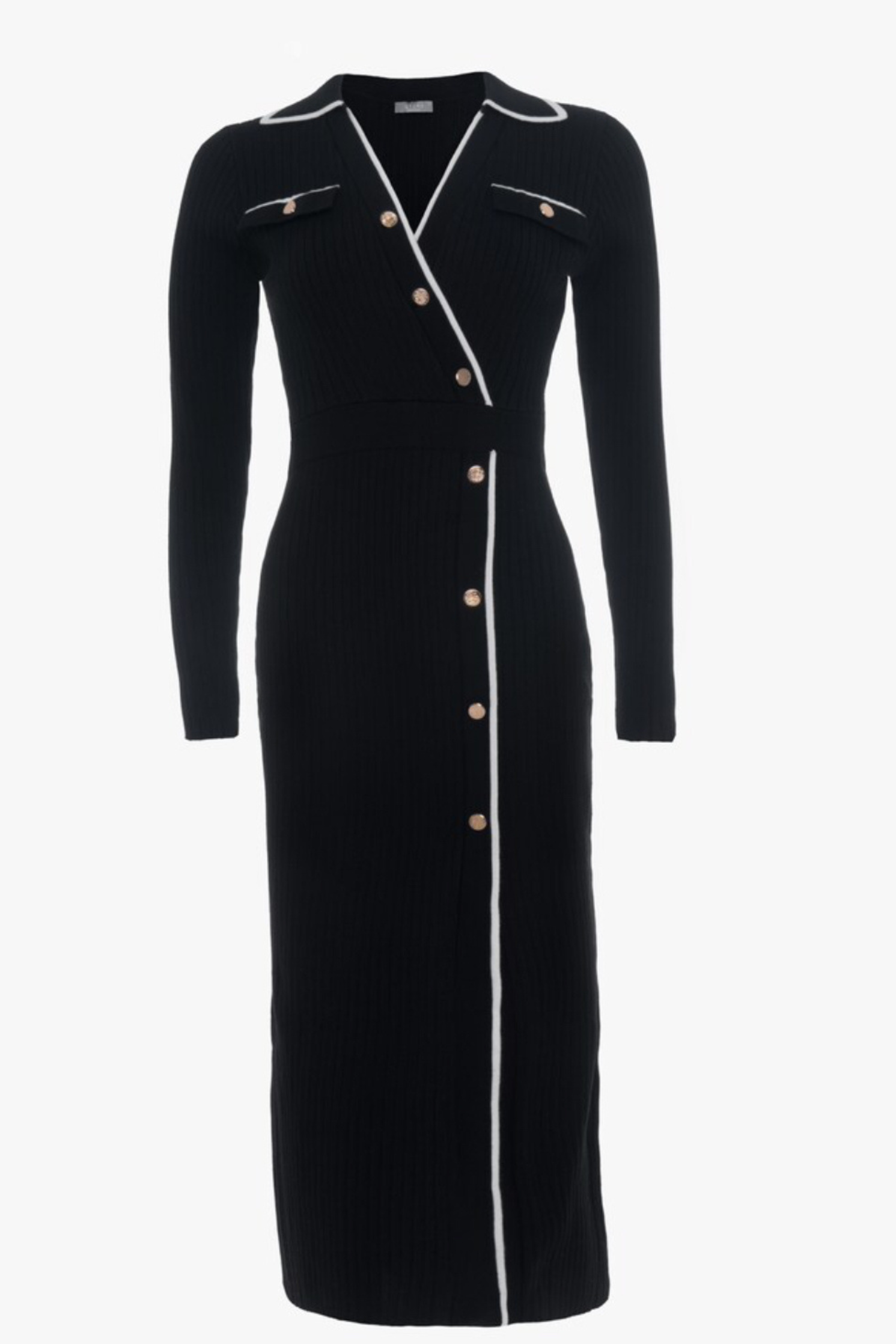 Long Sleeve Ribbed Midi Gold Button Knit Dress