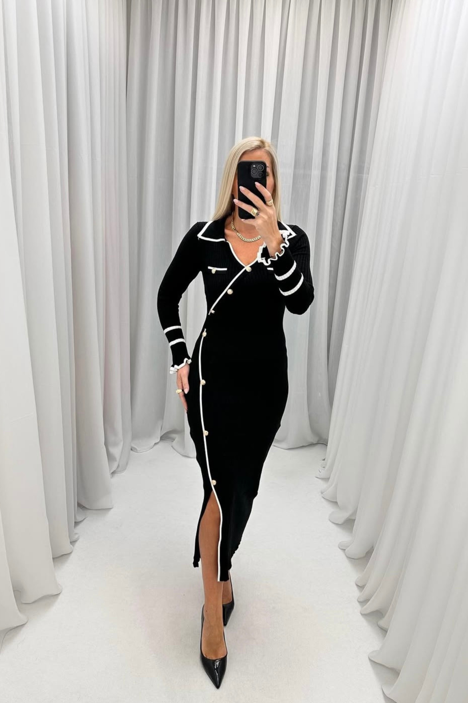 Long Sleeve Ribbed Midi Gold Button Knit Dress