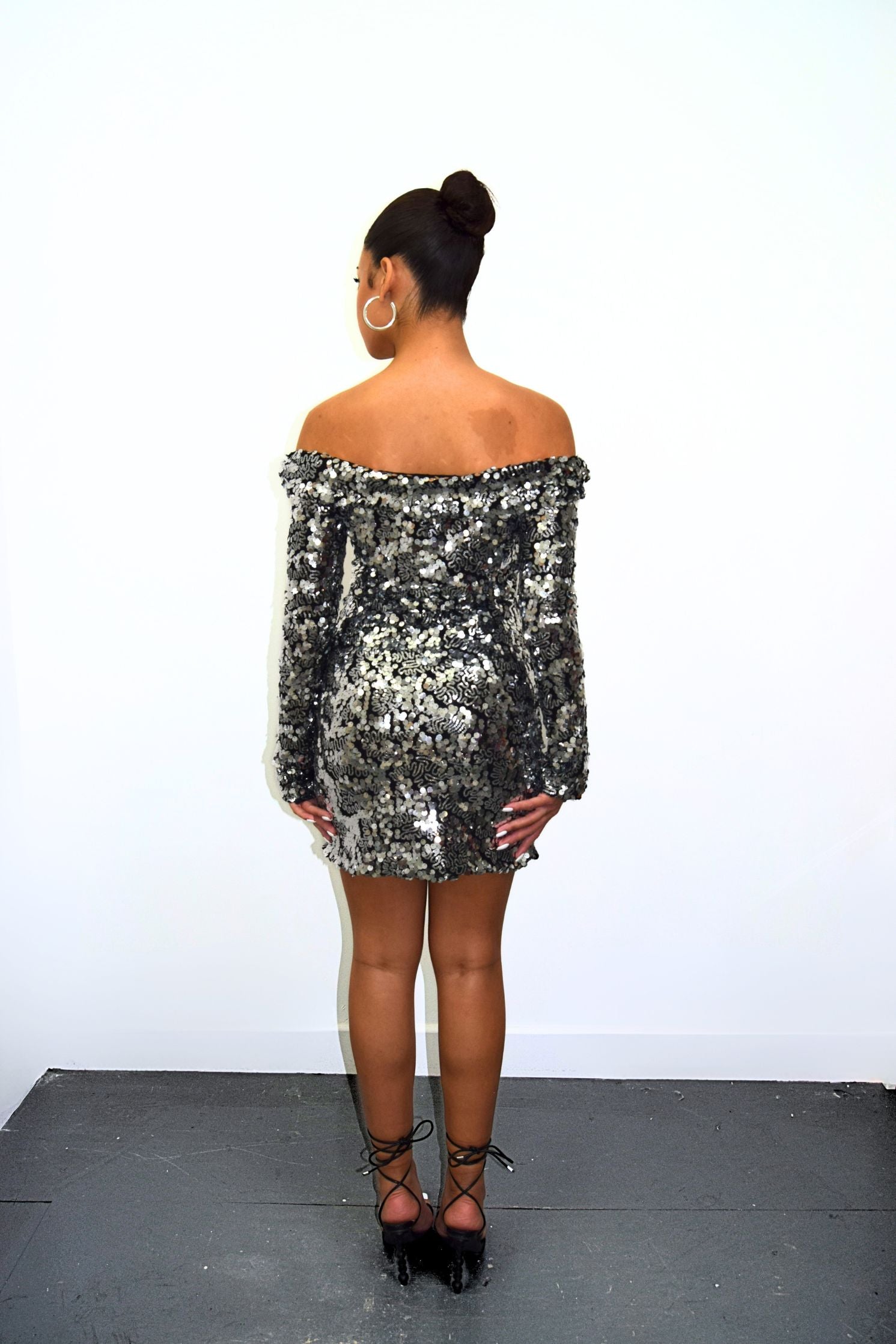 Black & Silver Off Shoulder Sequin Midi Dress