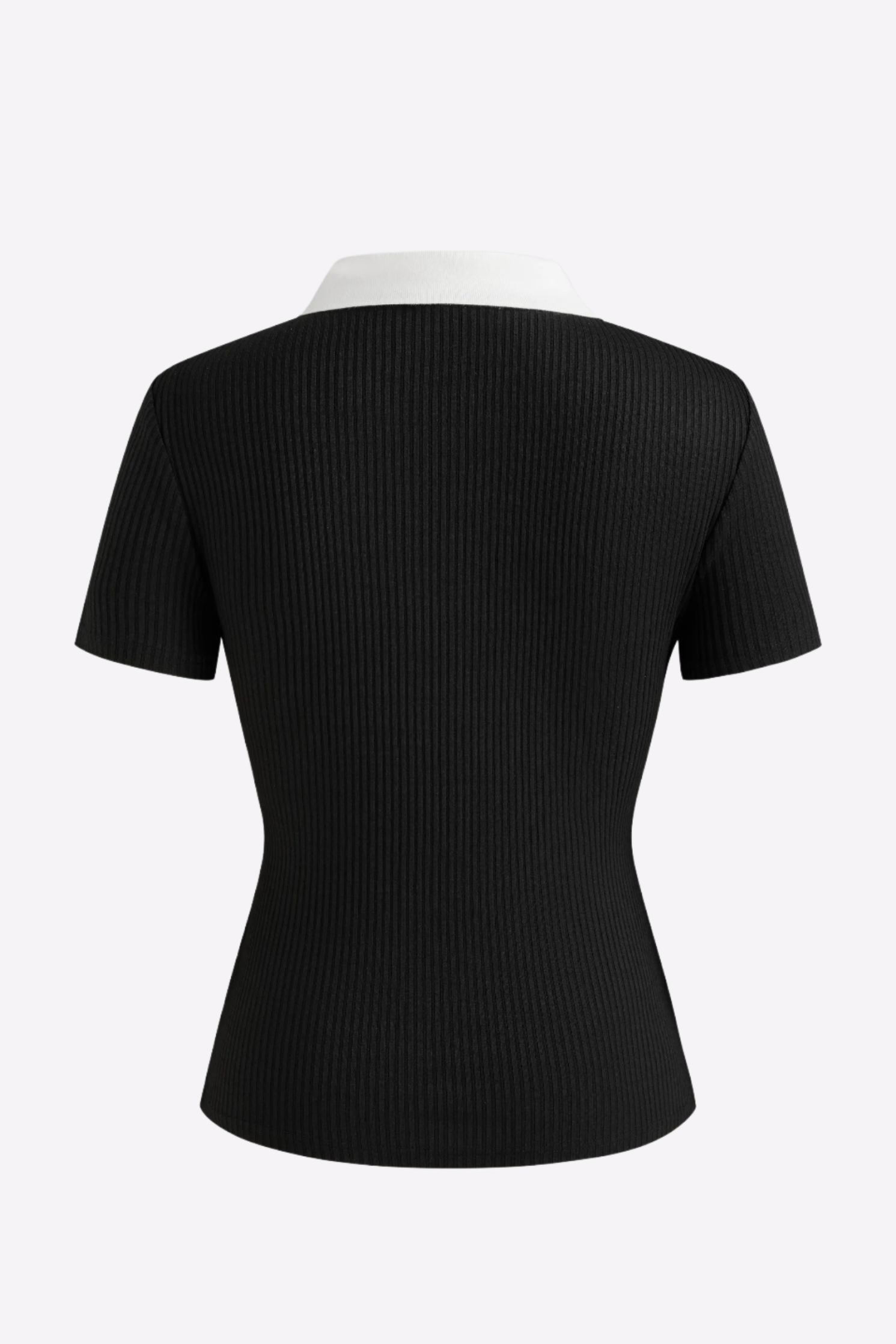 Women's Black & White Ribbed Short Sleeve Top with Contrasting Collar