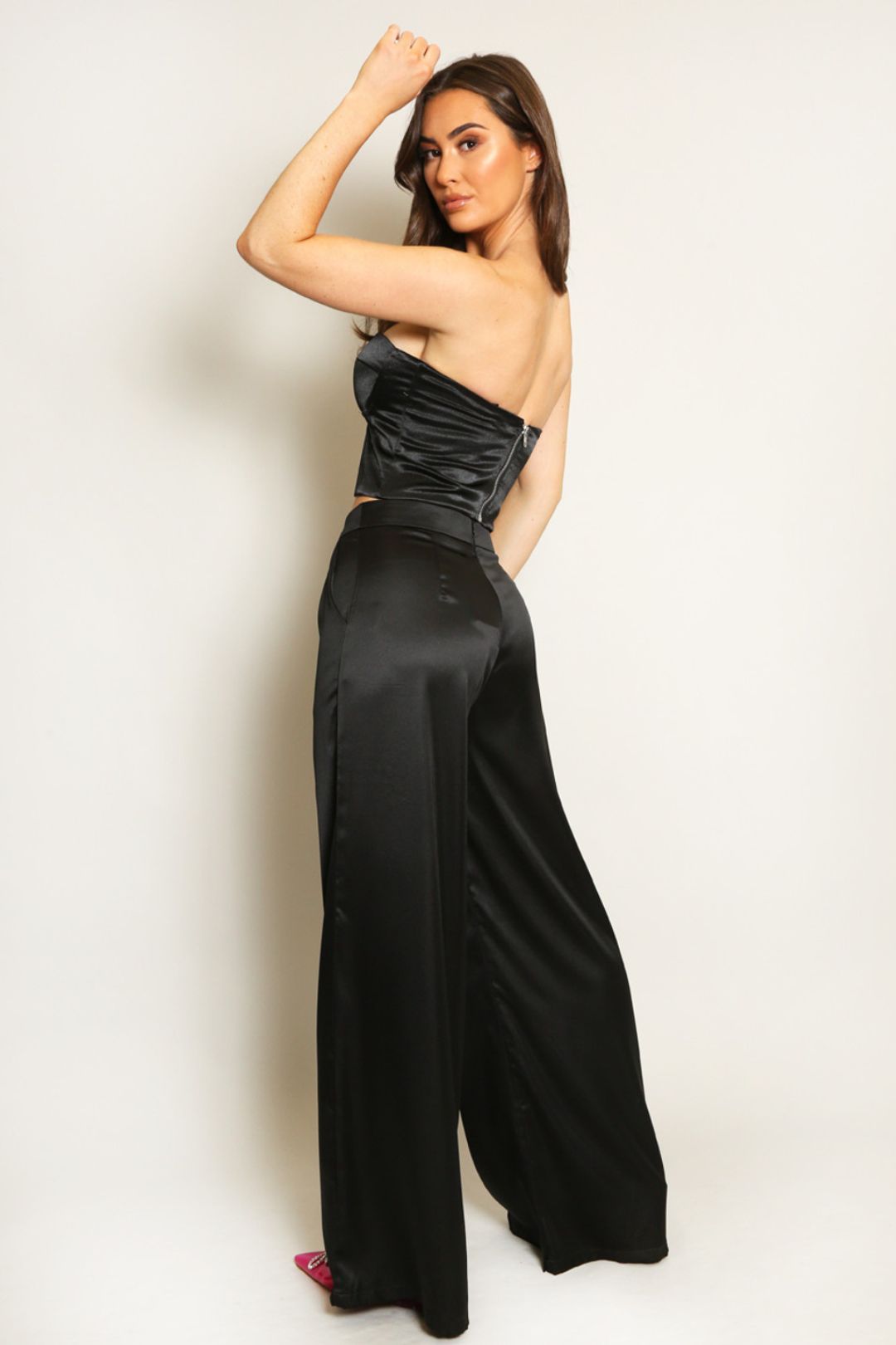 Black Wide Leg Satin High Waisted Trousers