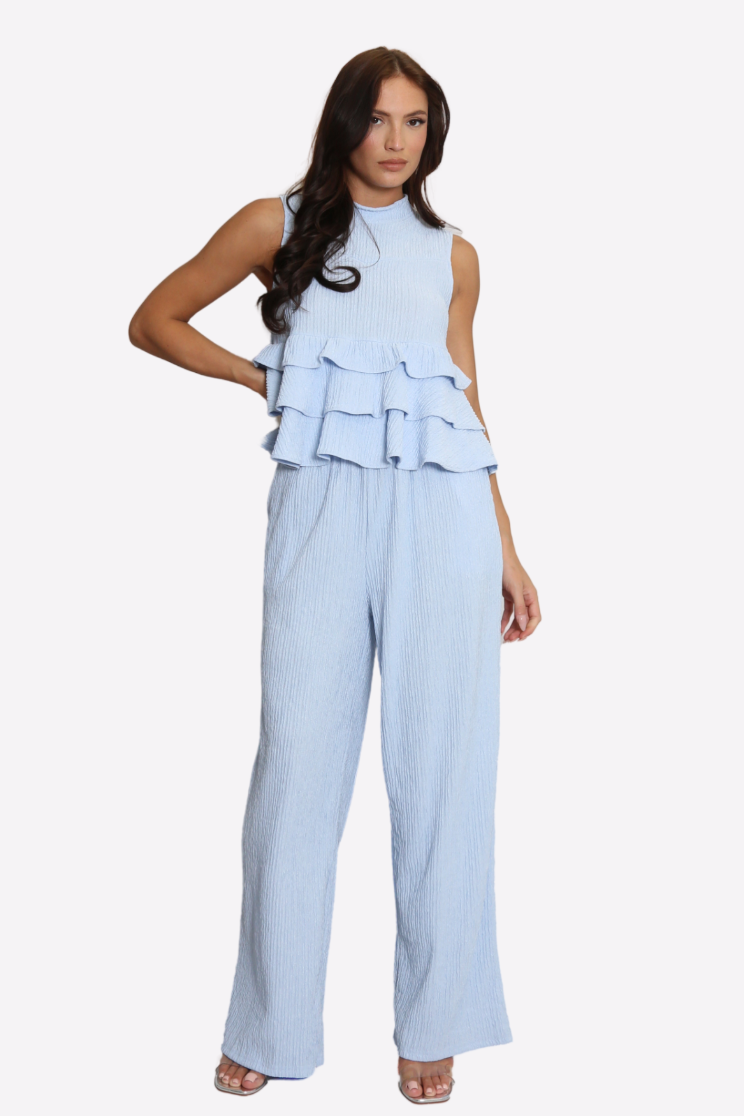 High Neck Frill Blouse & Flared Pants Co-ord Set