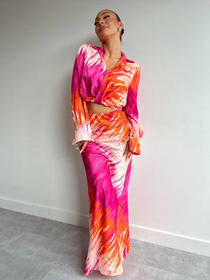 Satin Pink & Orange Printed Maxi Skirt Co-ord Set