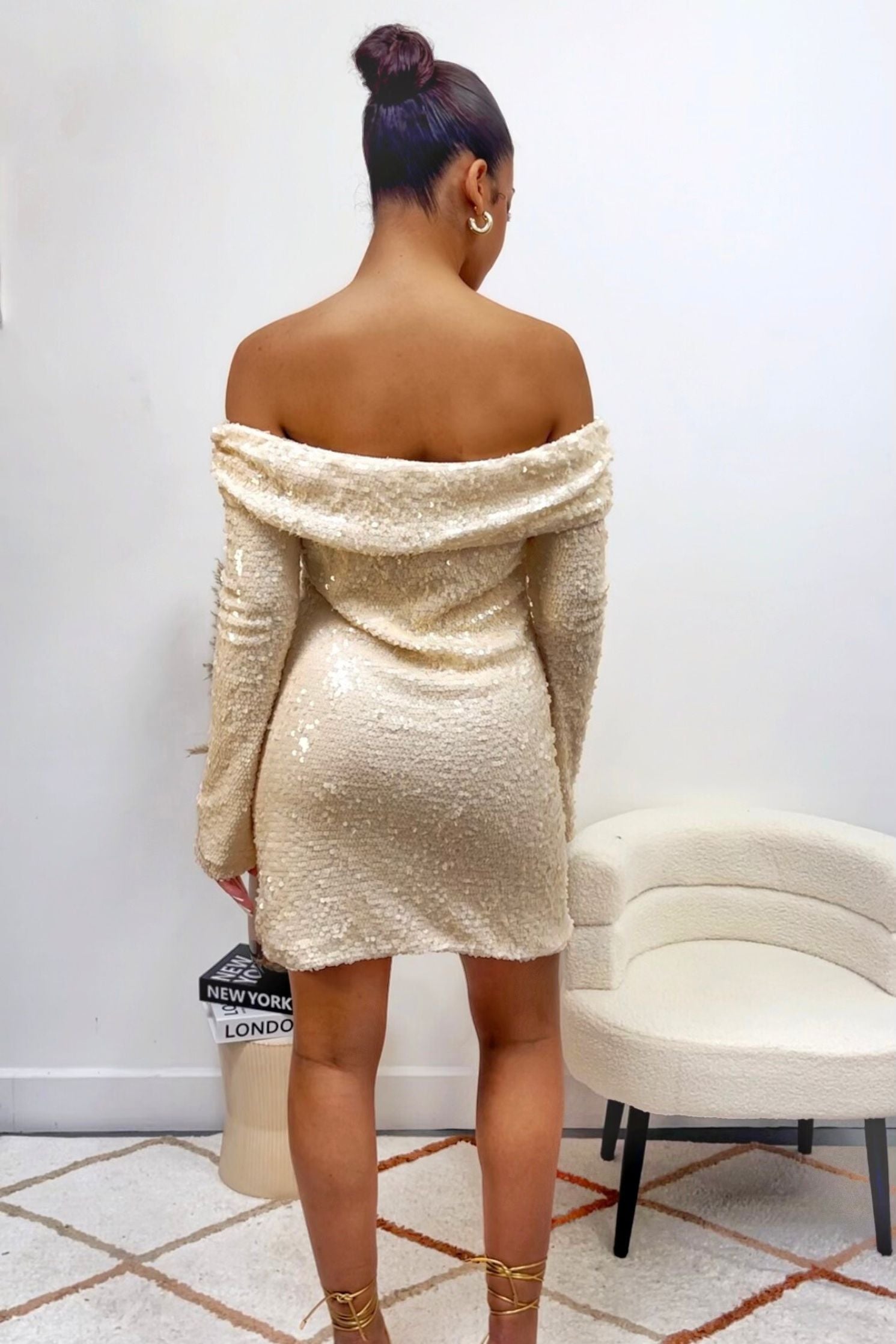 Cream Off-Shoulder Sequin Long Sleeve Midi Dress