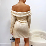 Cream Off-Shoulder Sequin Long Sleeve Midi Dress