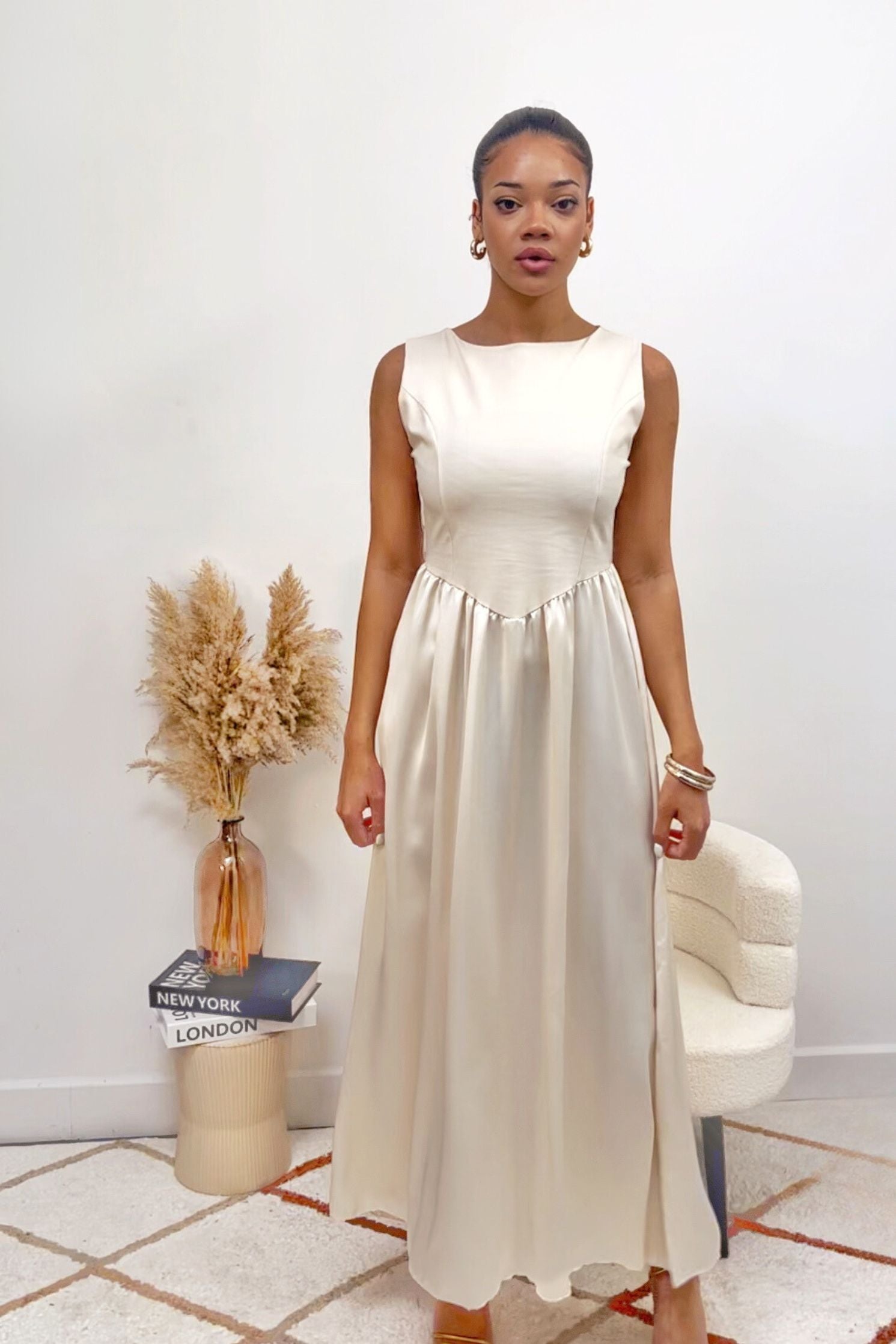 Cream Satin Pleated Drop Waist Summer Midi Dress