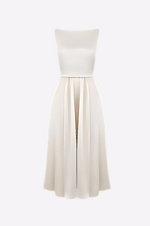 Cream Satin Pleated Drop Waist Summer Dress