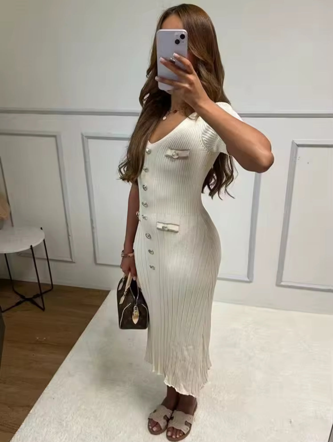 Ribbed Midi Gold Button Knit Dress