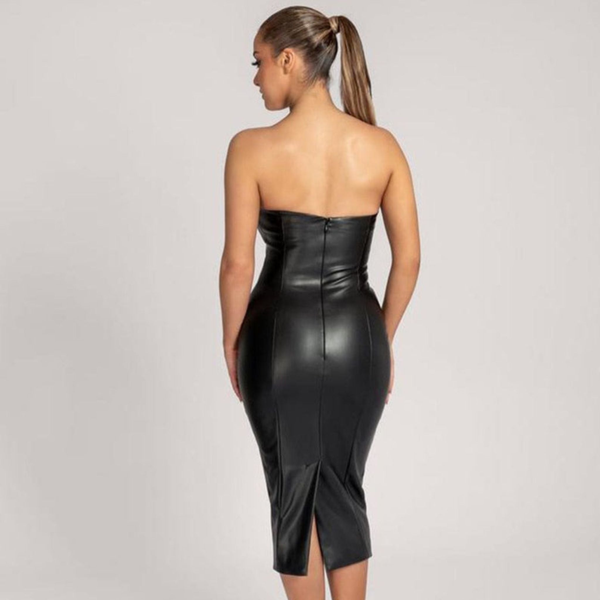 Faux Leather Side Ruched Bandeau Midi Dress