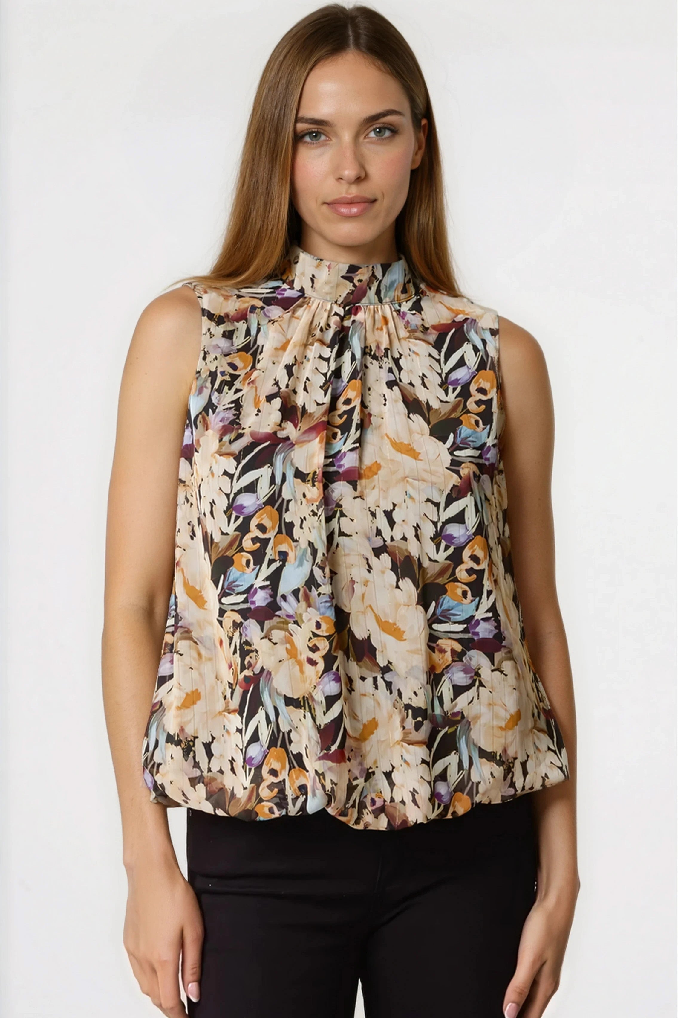 Floral Print Sleeveless High Neck Puff Hem Blouse