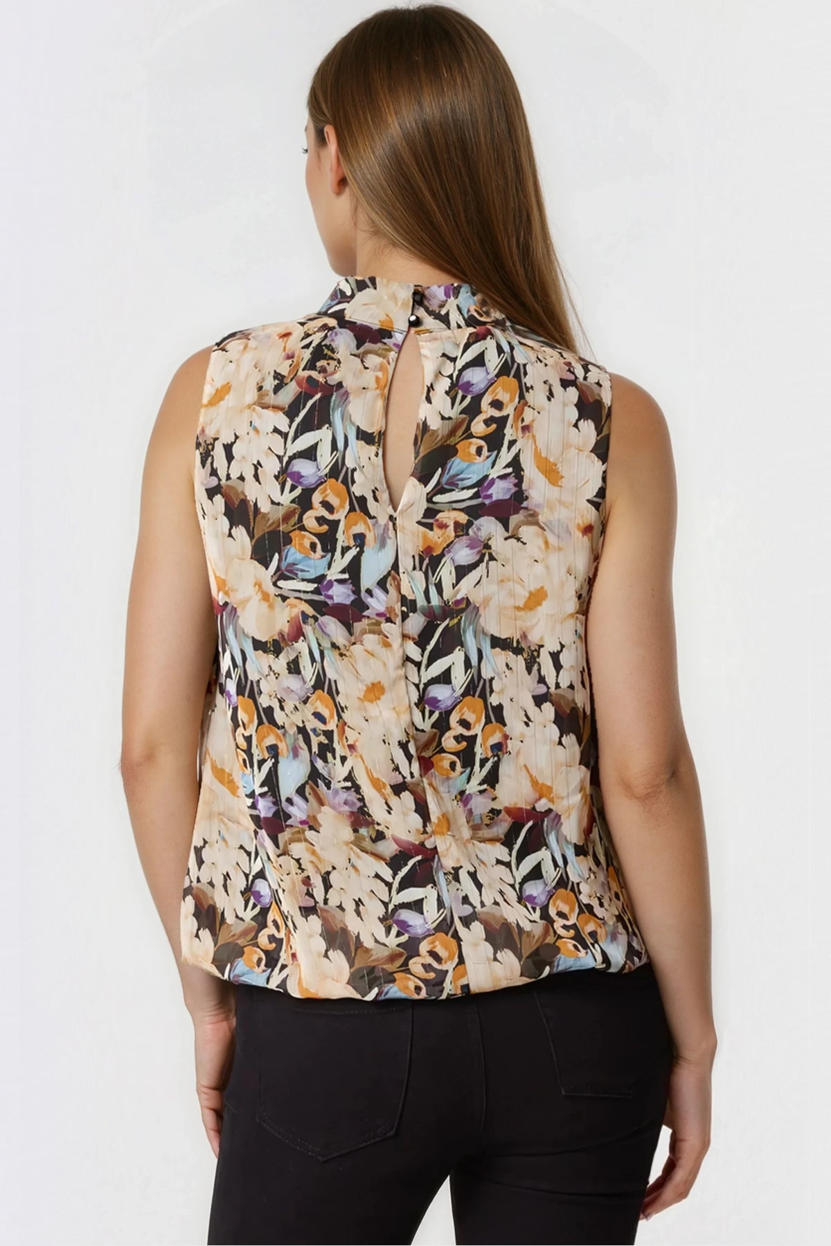 Floral Print Sleeveless High Neck Puff Hem Blouse