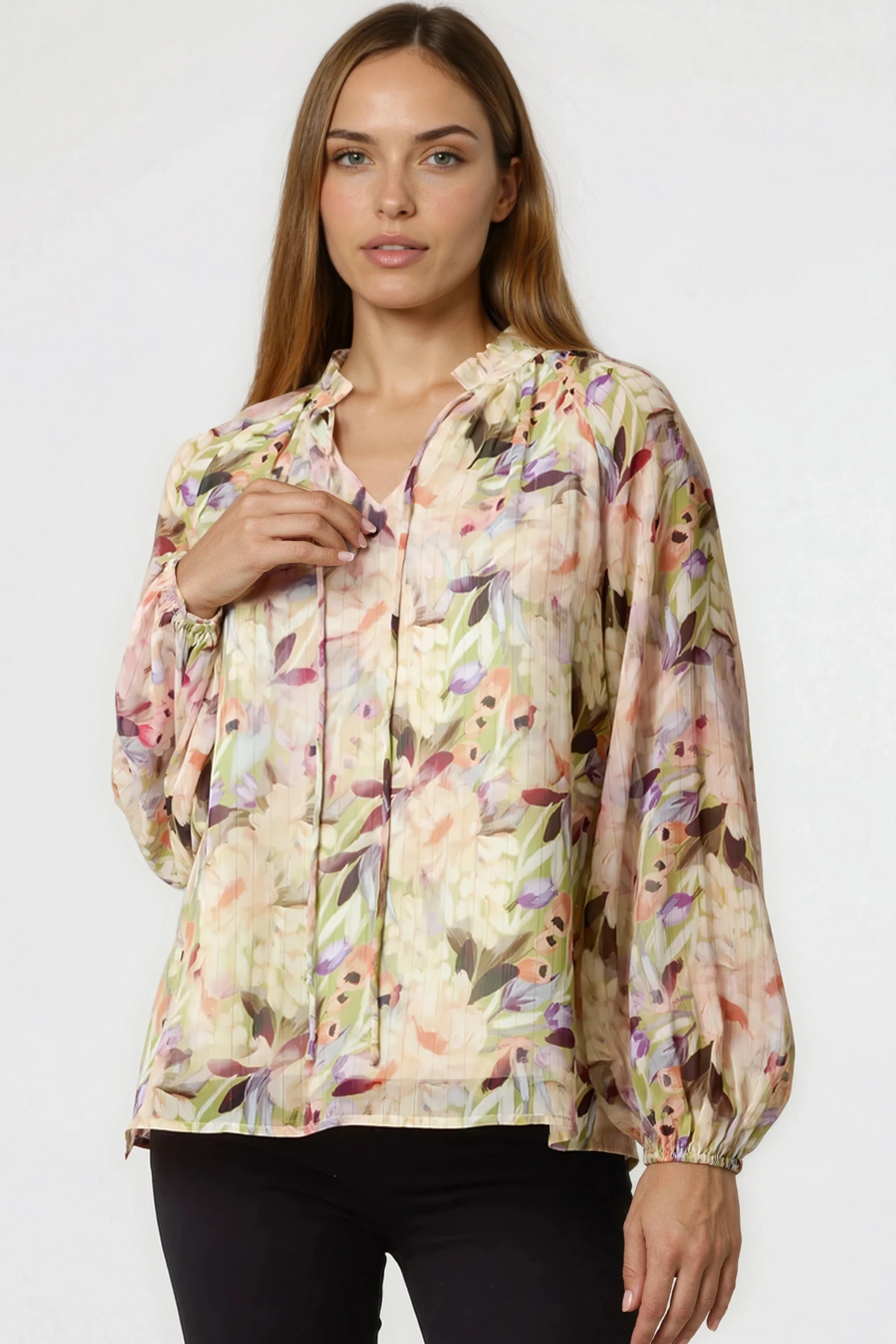 Women's Multicolour Floral Print Tie Neck Long Sleeve Blouse