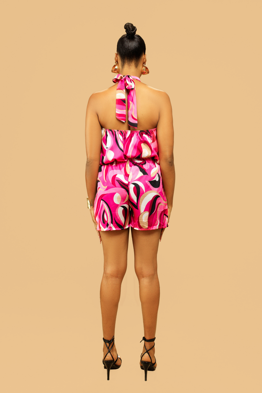 Pink Satin Printed Halter Neck Top & Shorts Co-ord Set