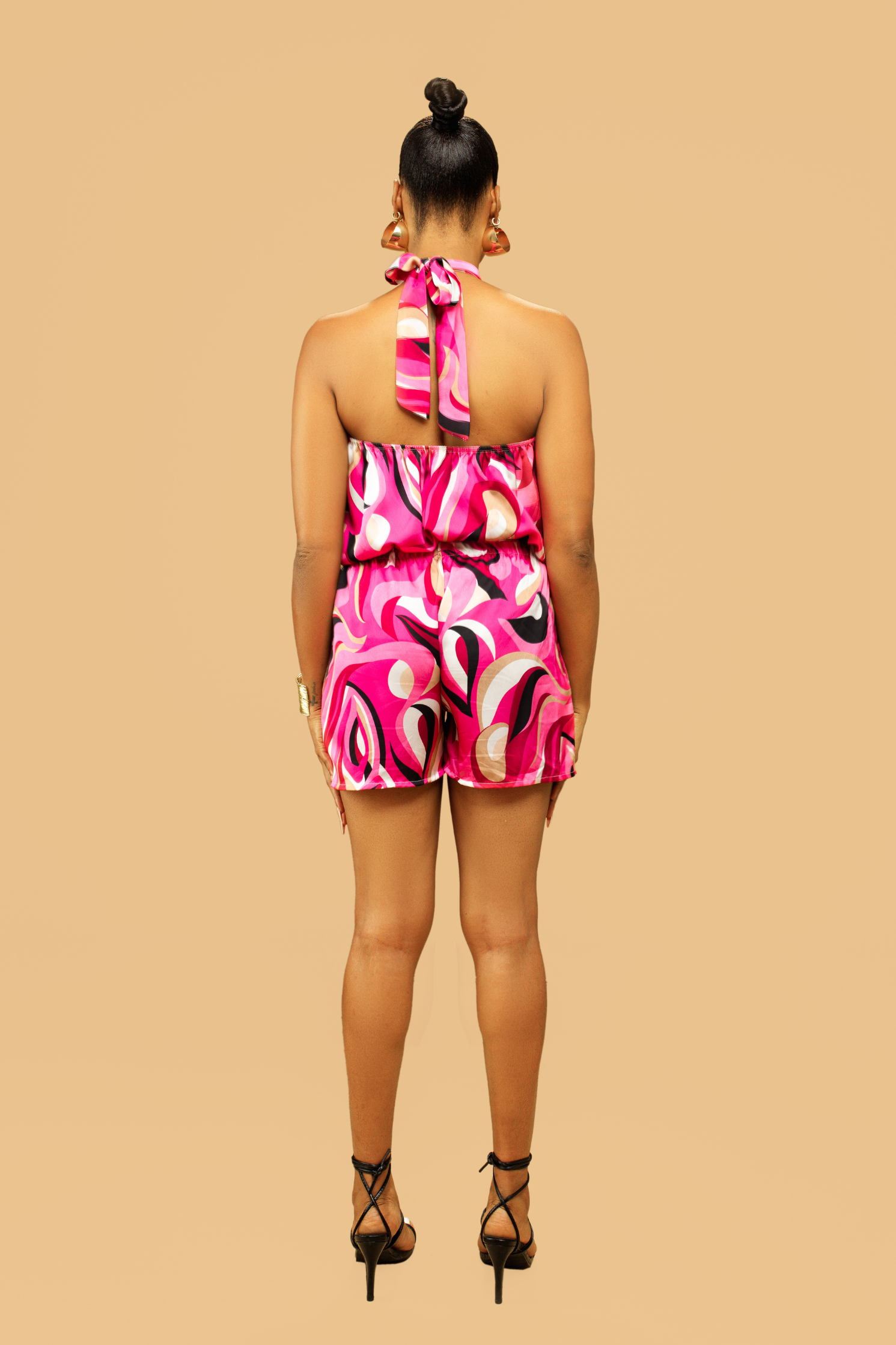 Pink Satin Printed Halter Neck Top & Shorts Co-ord Set
