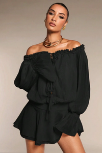 Ruched Off Shoulder Frill Detail Dress