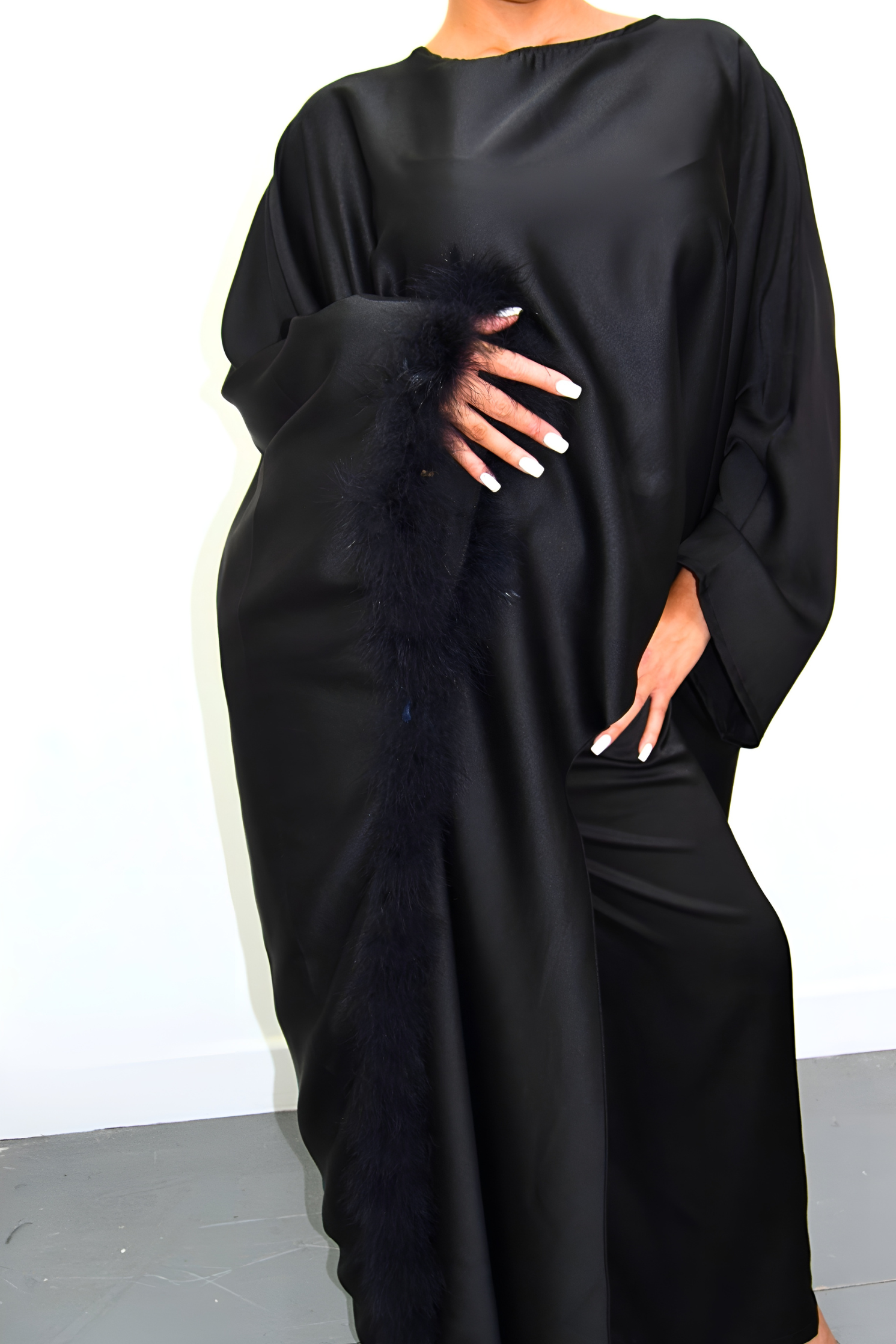 Satin Fur Trim Abaya Co ord Set