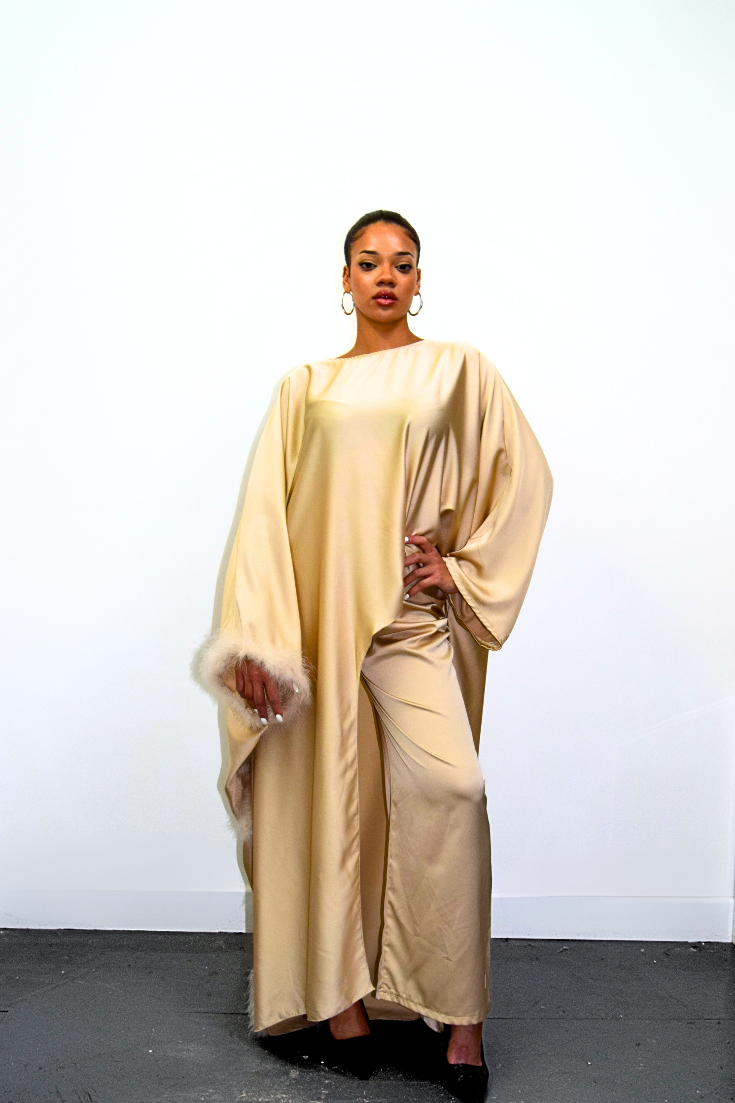 Satin Fur Trim Abaya Co ord Set