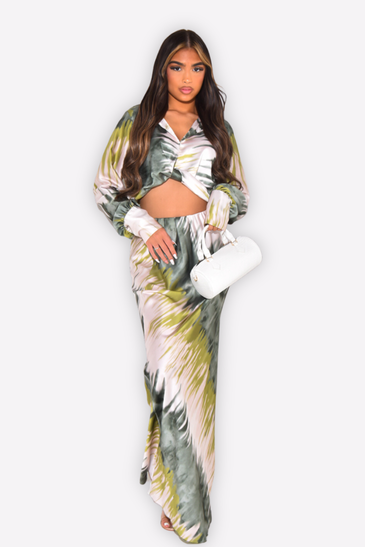 Satin Pink & Orange Printed Maxi Skirt Co-ord Set