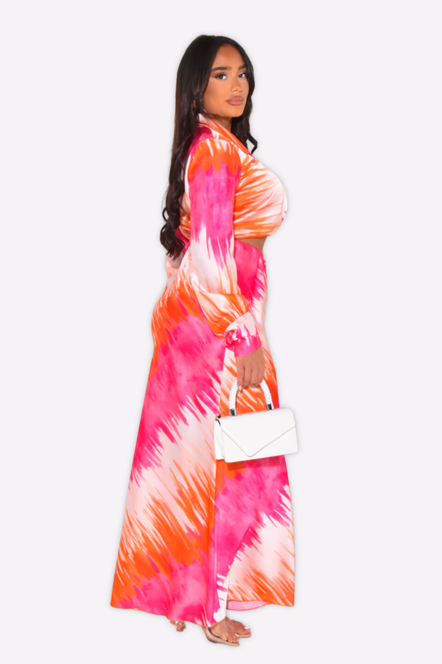 Satin Pink & Orange Printed Maxi Skirt Co-ord Set