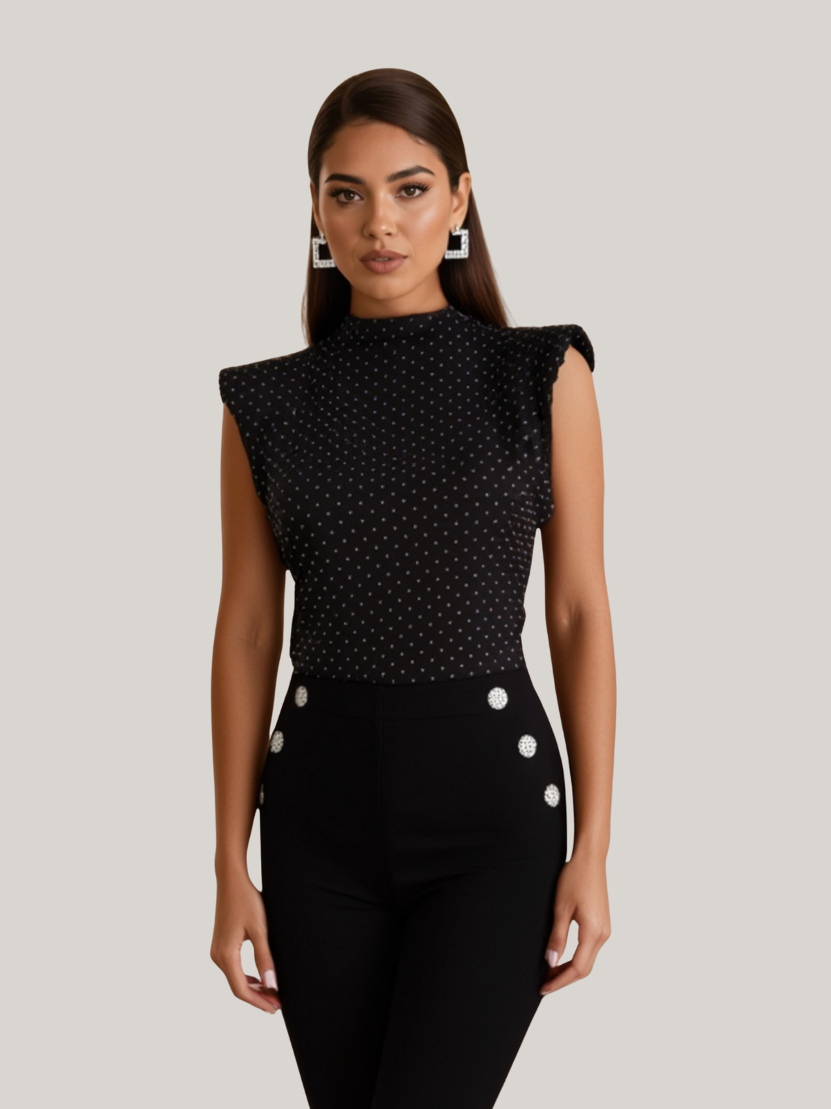 Sequin Top with Shoulder Pads - Studded Embellished Party Top