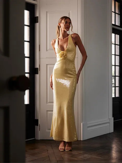 Silver Strappy Sequin Backless Maxi Evening Dress