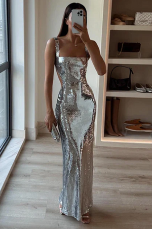Silver Strappy Sequin Backless Maxi Evening Dress