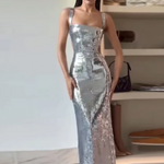 Silver Strappy Sequin Backless Maxi Evening Dress