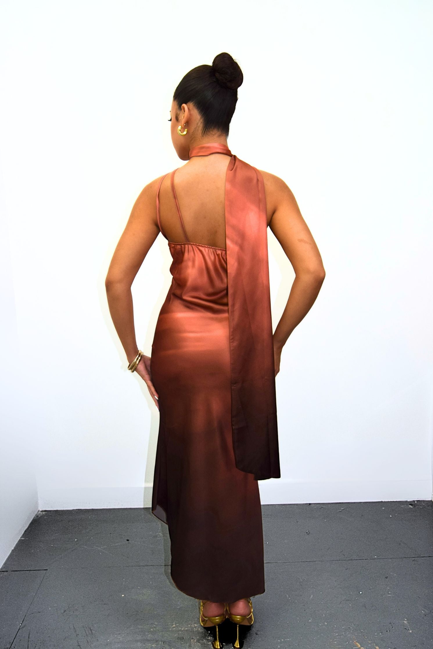 Pink Satin Ombre Asymmetrical Tie Neck Slip Midi Dress