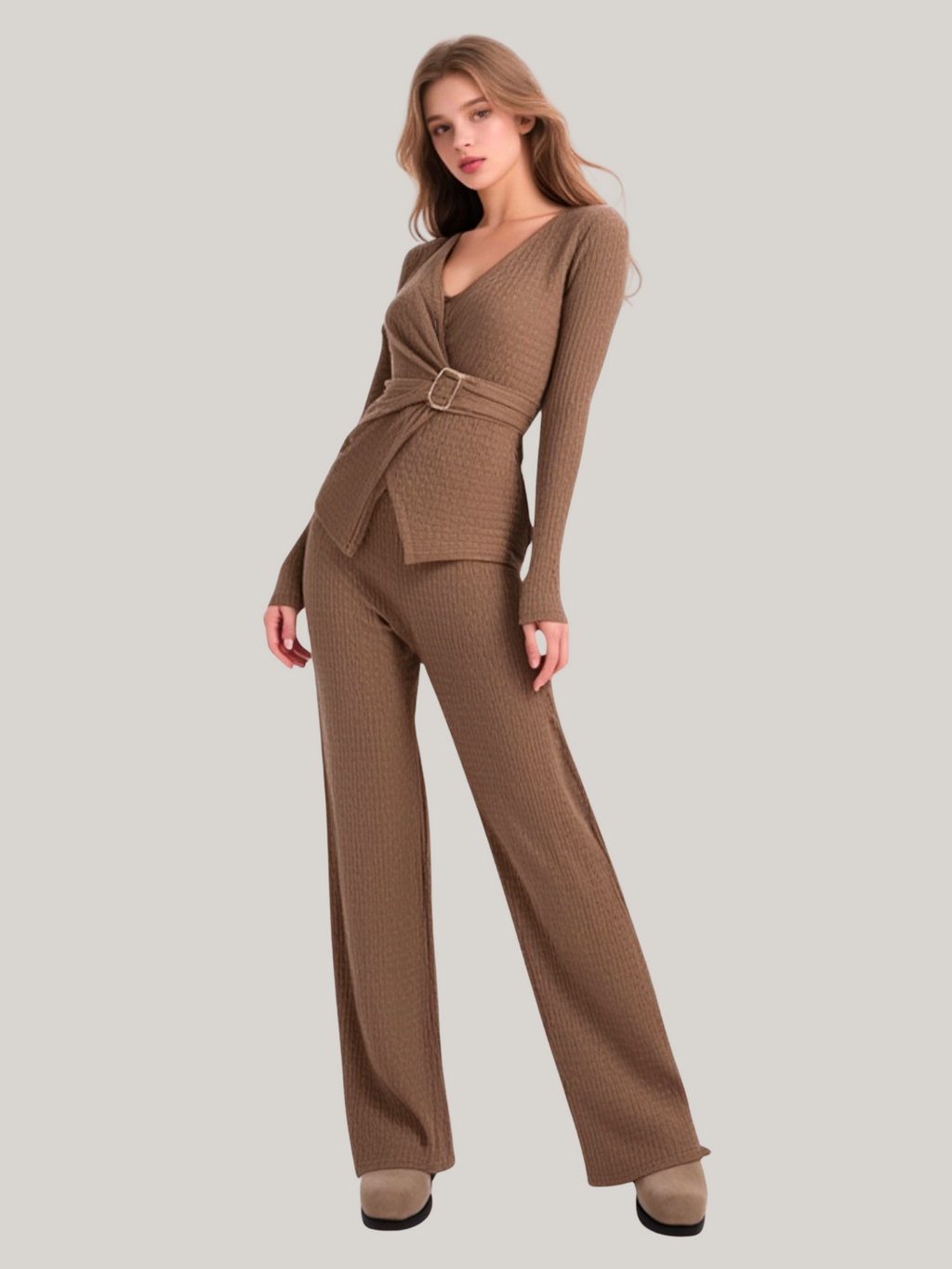 Women’s V-Neck Wrap Top & Wide Leg Trouser Co-Ord Set with Gold Button Detail