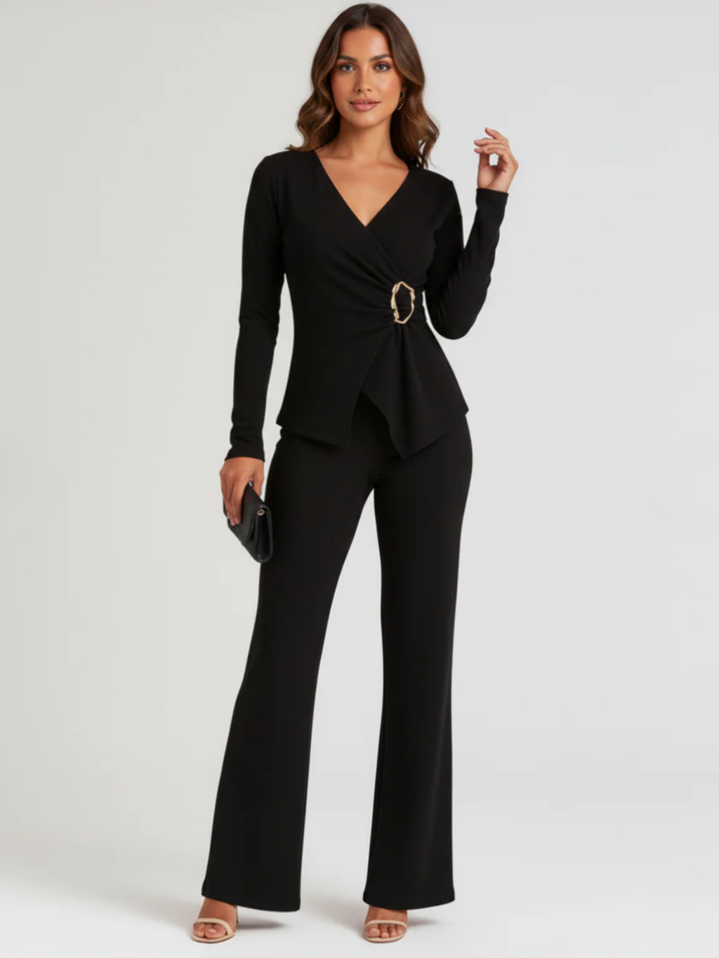Women’s V-Neck Wrap Top & Wide Leg Trouser Co-Ord Set with Gold Button Detail