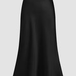 Black Satin High Rise Midi Skirt