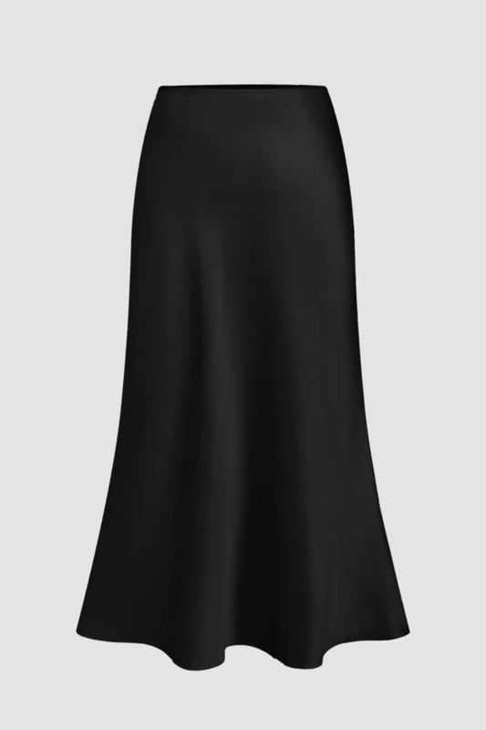 Black Satin High Rise Midi Skirt
