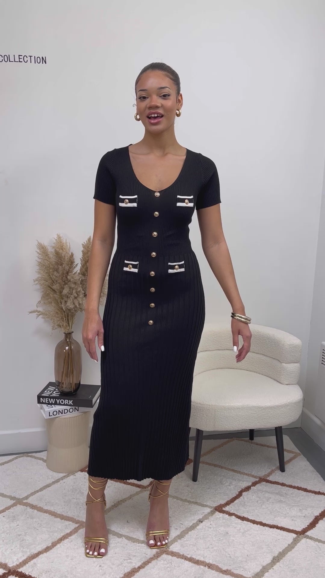 Ribbed Midi Gold Button Knit Dress