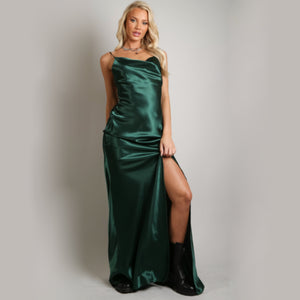 Green Satin Cowl Neck High Slit Evening Dress