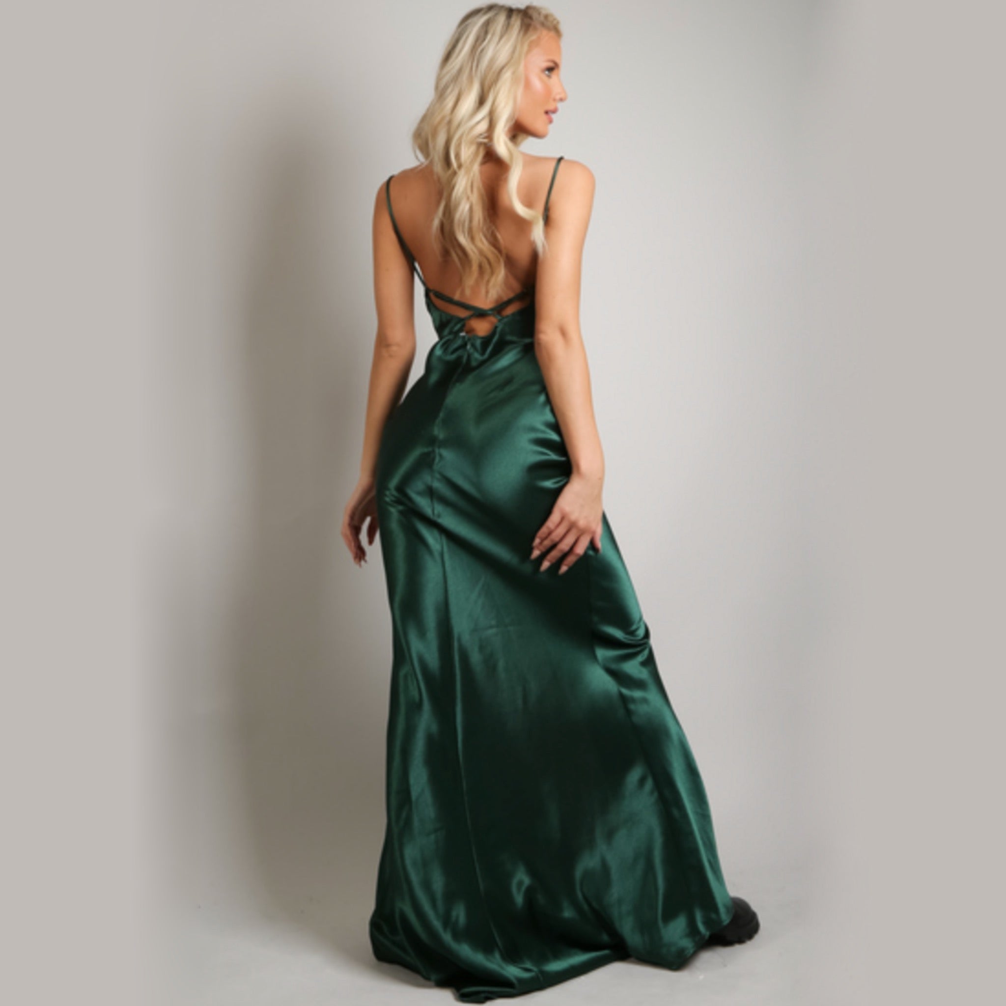 Green Satin Cowl Neck High Slit Evening Maxi Dress