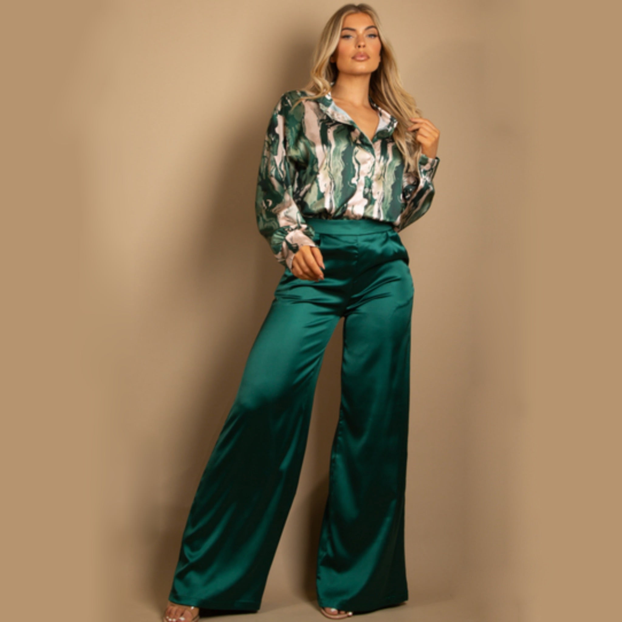Green Wide Leg Satin Trousers