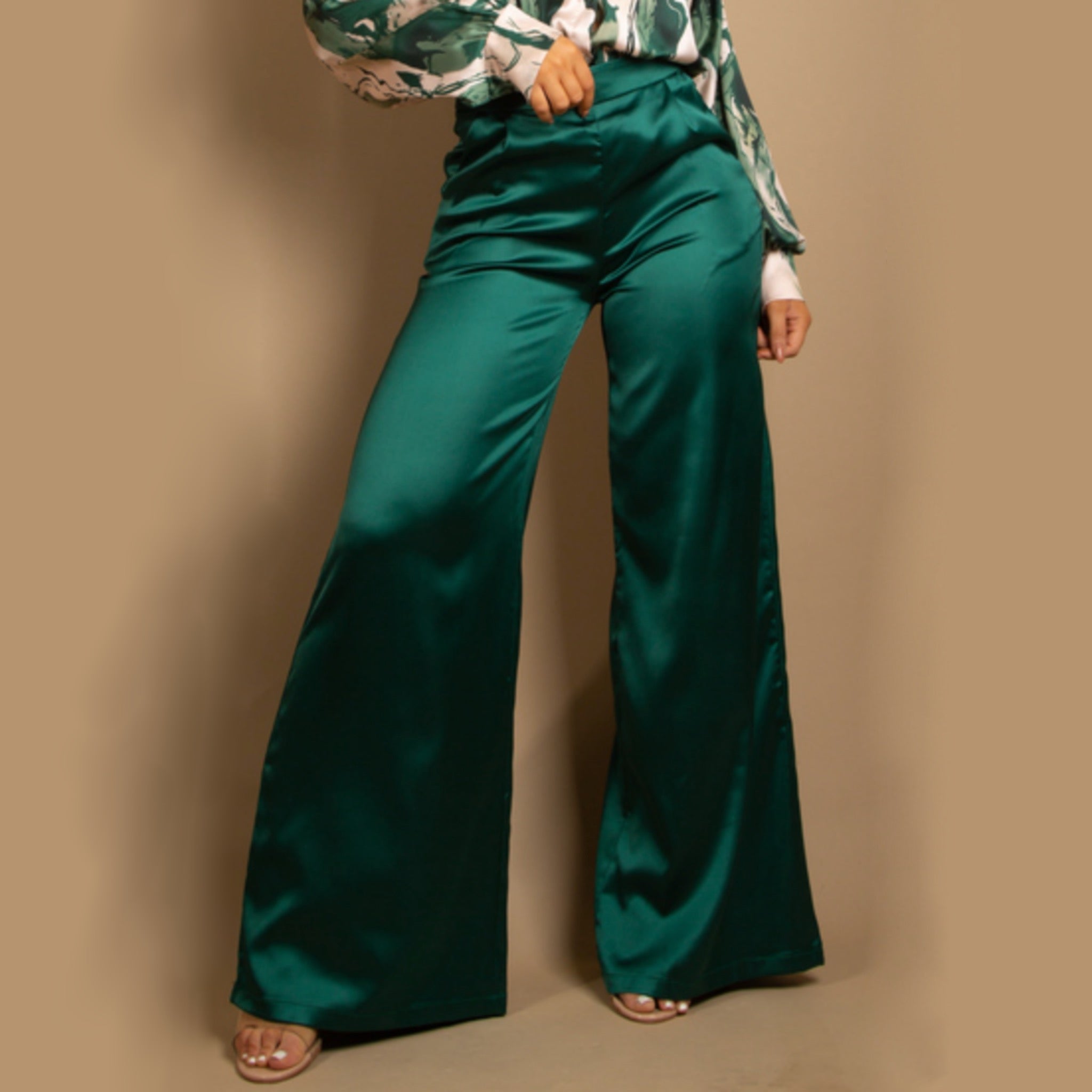 Green Wide Leg Satin Trousers