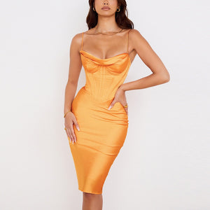 Satin Corset Strappy Midi Dress