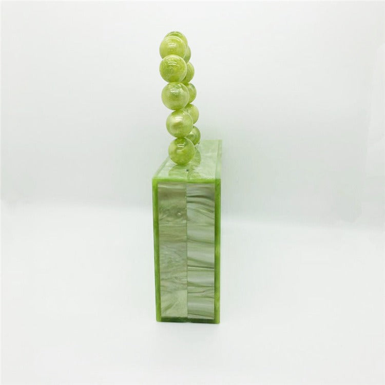 Green Acrylic Beaded Handle Square Clutch Bag