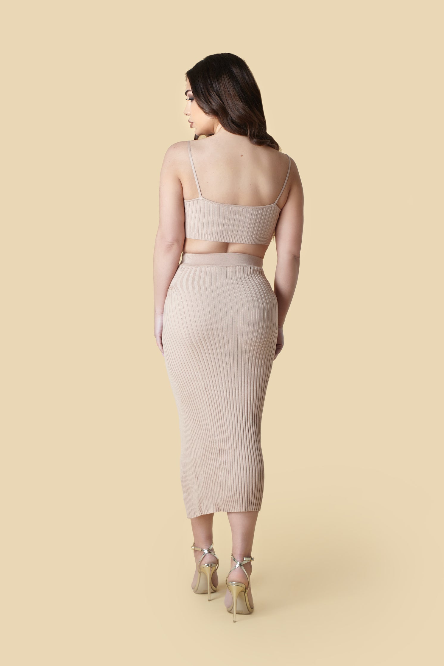 Beige Knitted Crop Top High Slit Midi Skirt Co-Ord Set