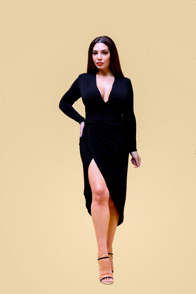 Black Deep Plunge V Neck Ruched Long Sleeve Midi Dress