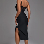 Black Diamante Cut Out Thigh Split Midi Bandage Dress