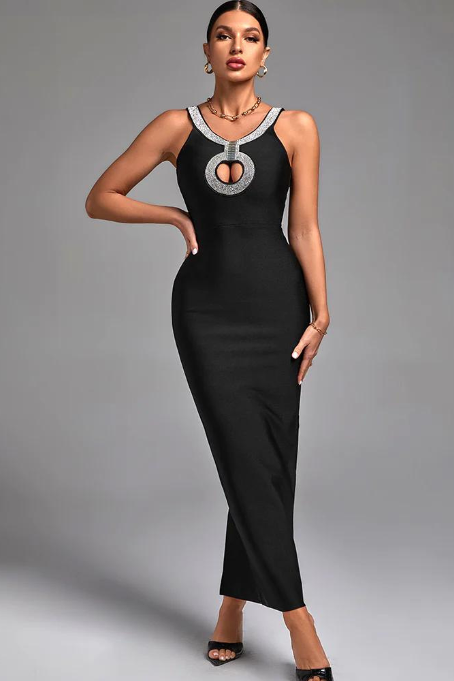 Black Diamante HalterNeck Cutout Maxi Bodycon Bandage Dress